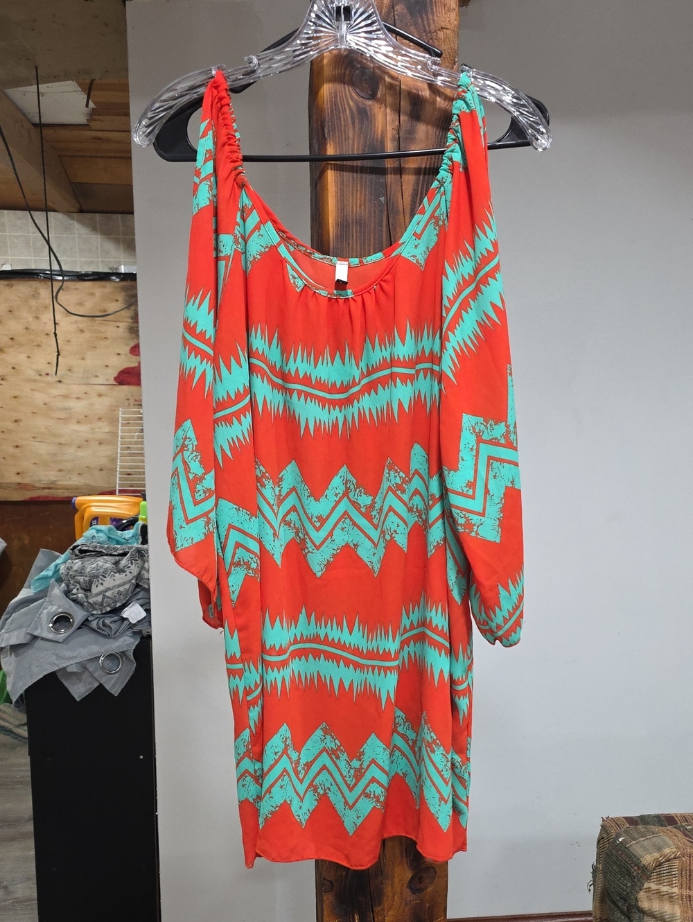 Rust Orange & Teal Chevron Cold-Shoulder Mini Dress